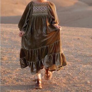 LOUISE MISHA 12Y Olivina Hand Embroidered Velvet Dress | Khaki